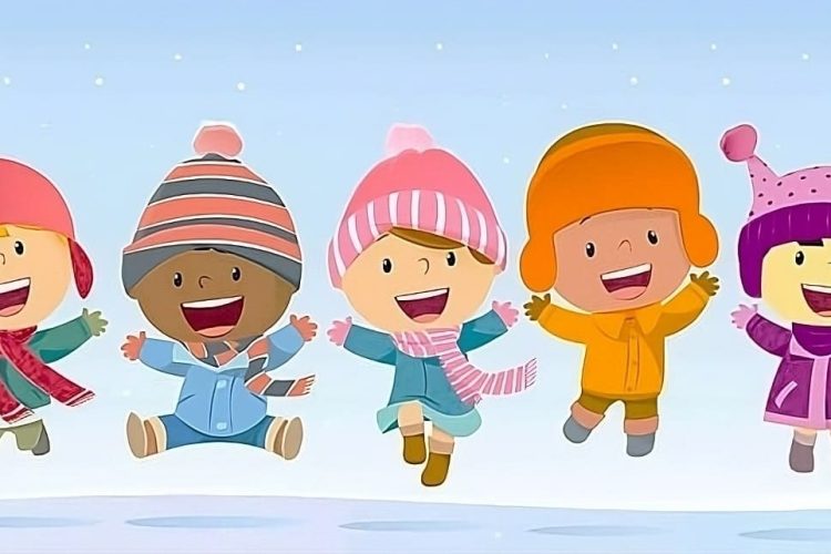 a group of children bundled in winter clothes, seemingly enjoying a snowy day.